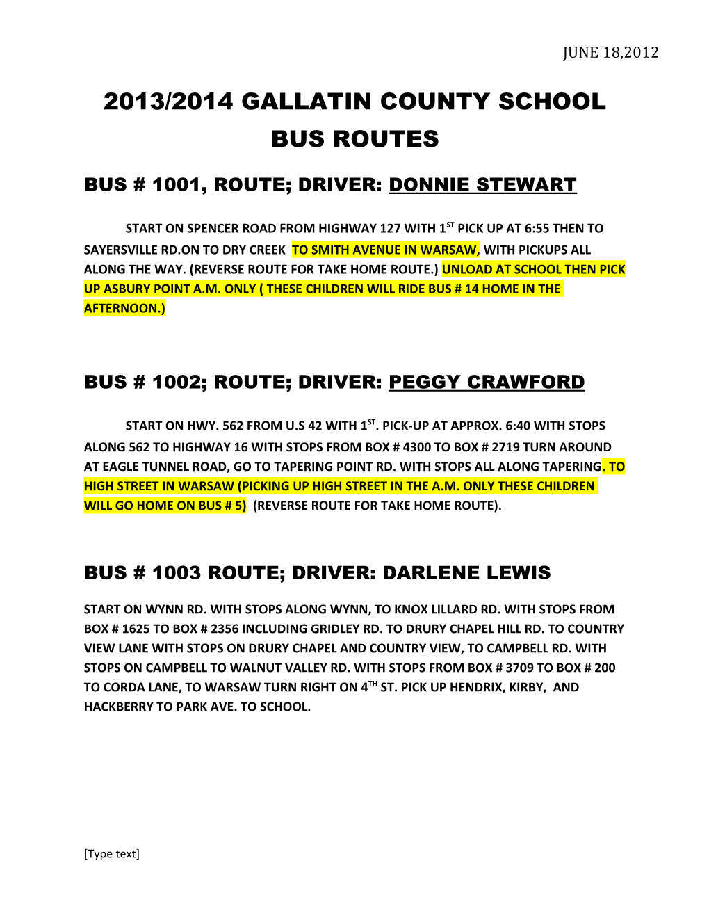 2013/2014 Gallatin County School Bus Routes