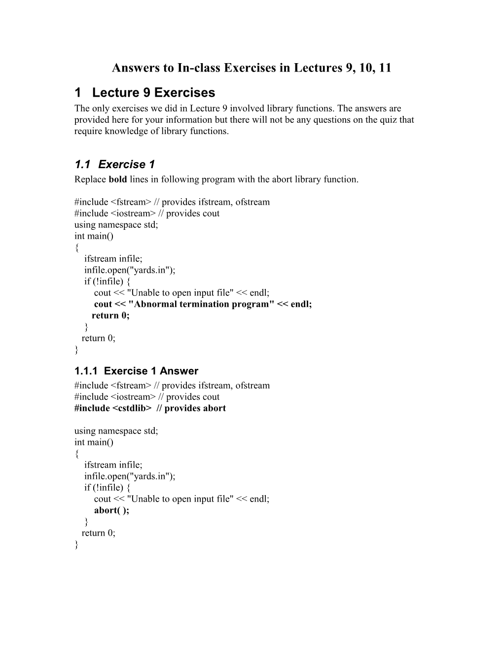 Answers to In-Class Exercises in Lectures 9, 10, 11