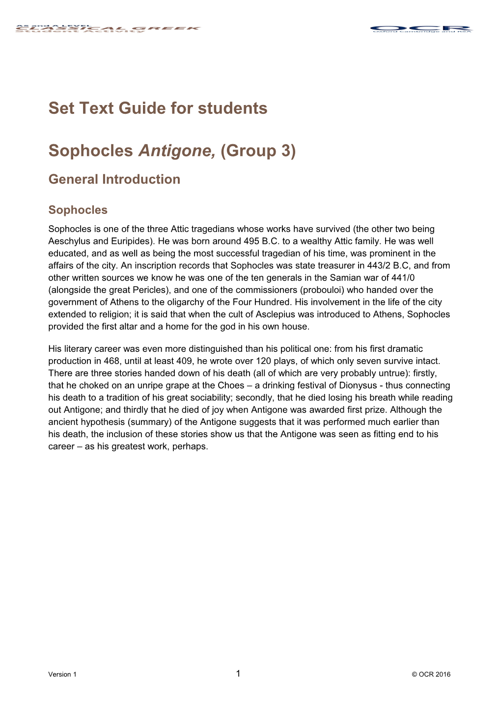OCR AS and a Level Classical Greek Set Text Guide Student Activity - Sophocles