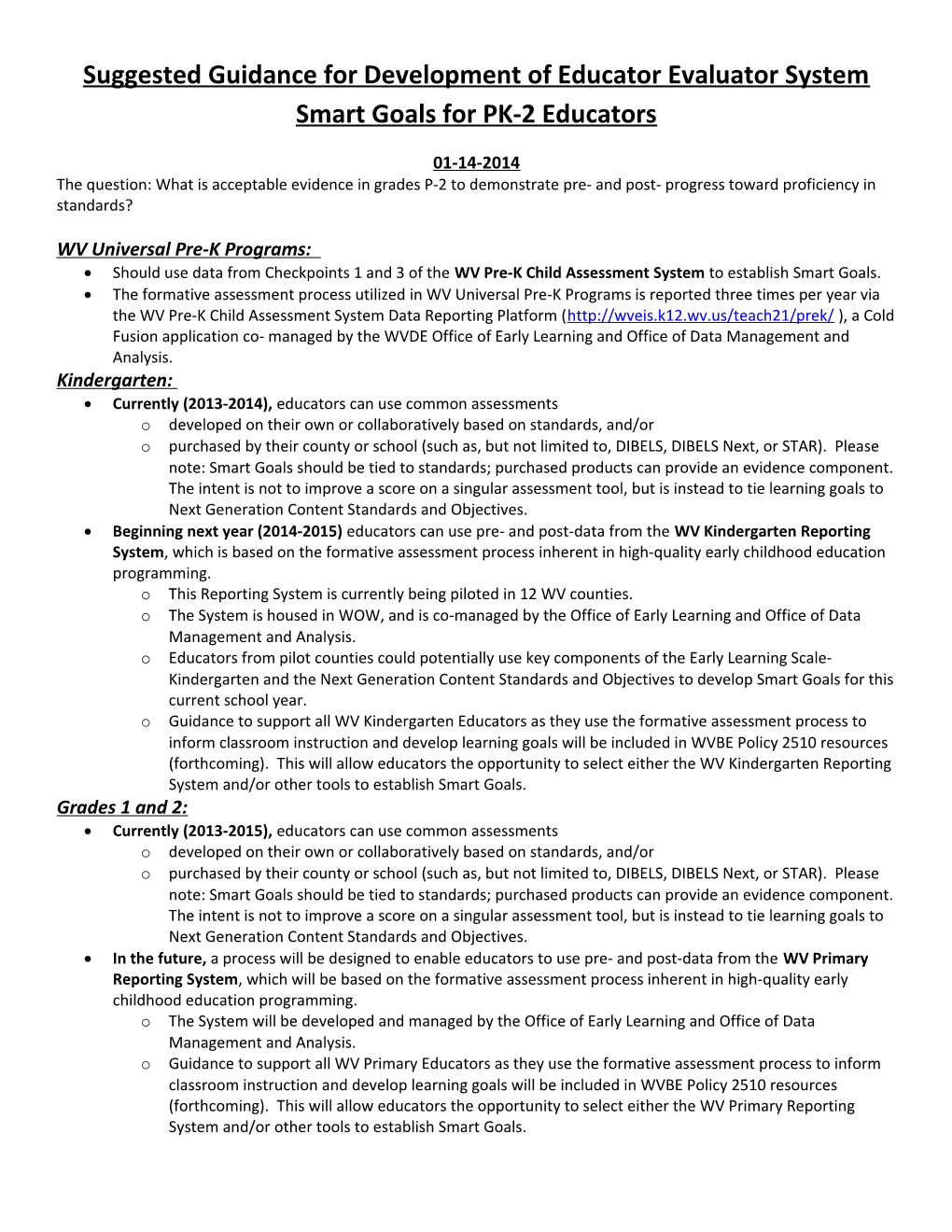 Suggested Guidance for Development of Educator Evaluator System Smart Goals for PK-2 Educators