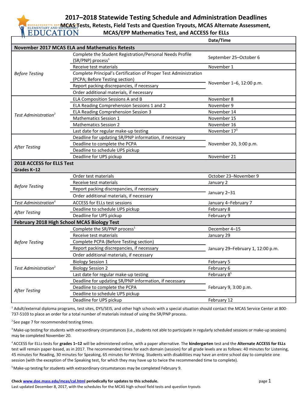 2017 2018 Statewide Testing Schedule and Administration Deadlines