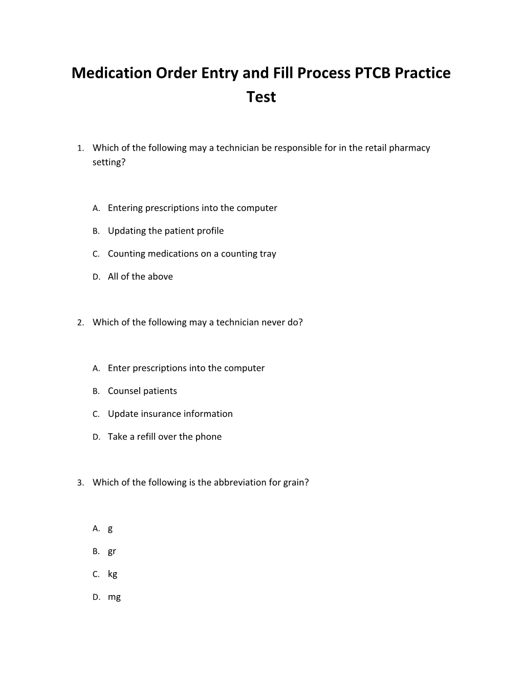 Medication Order Entry and Fill Process PTCB Practice Test