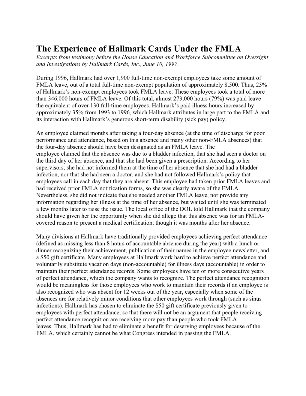 The Experience of Hallmark Cards Under the FMLA