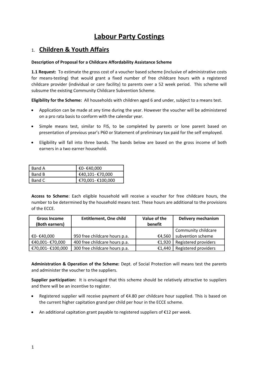 Description of Proposal for a Childcare Affordability Assistance Scheme