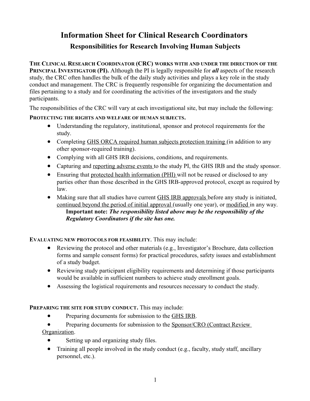 Responsibilities for Research Involving Human Subjects Information Sheet for Clinical Research