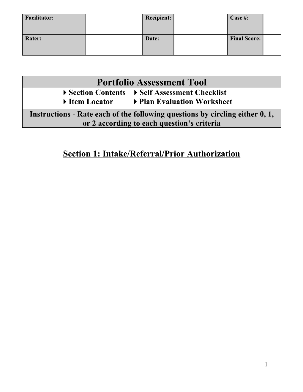 Portfolio Assessment Tool: Locator Worksheet and Self Assessment Checklist