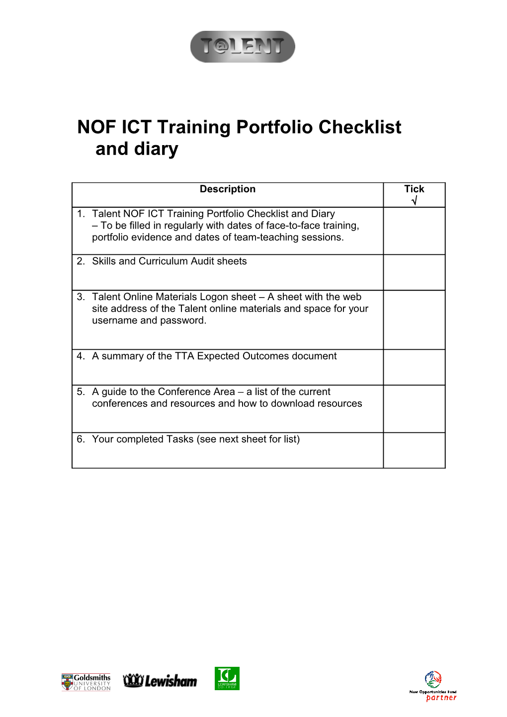 Talent NOF ICT Training Portfolio Checklist