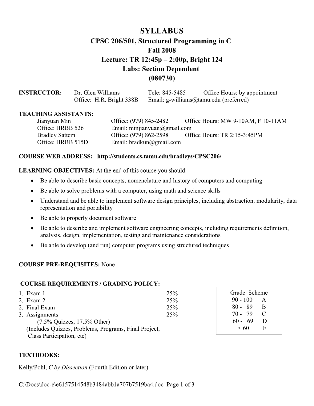 CPSC 206/501, Structured Programming in C