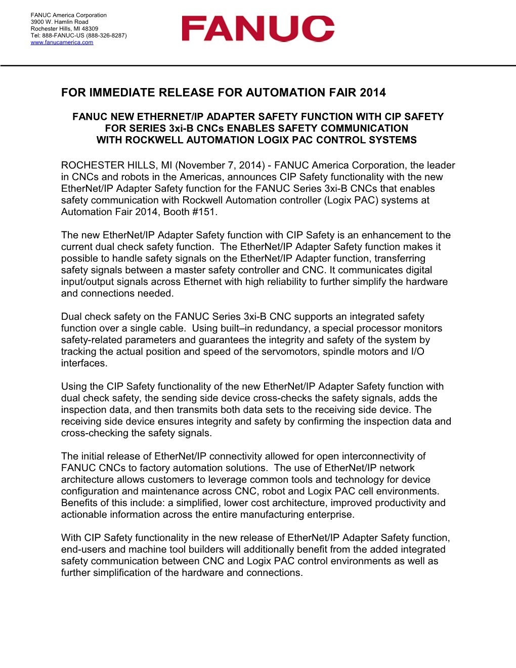 For Immediate Release for Automation Fair 2014
