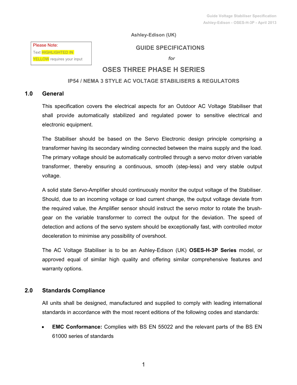 Guide Specification for Ashley-Edison OSES Three Phase AC Voltage Stabilisers