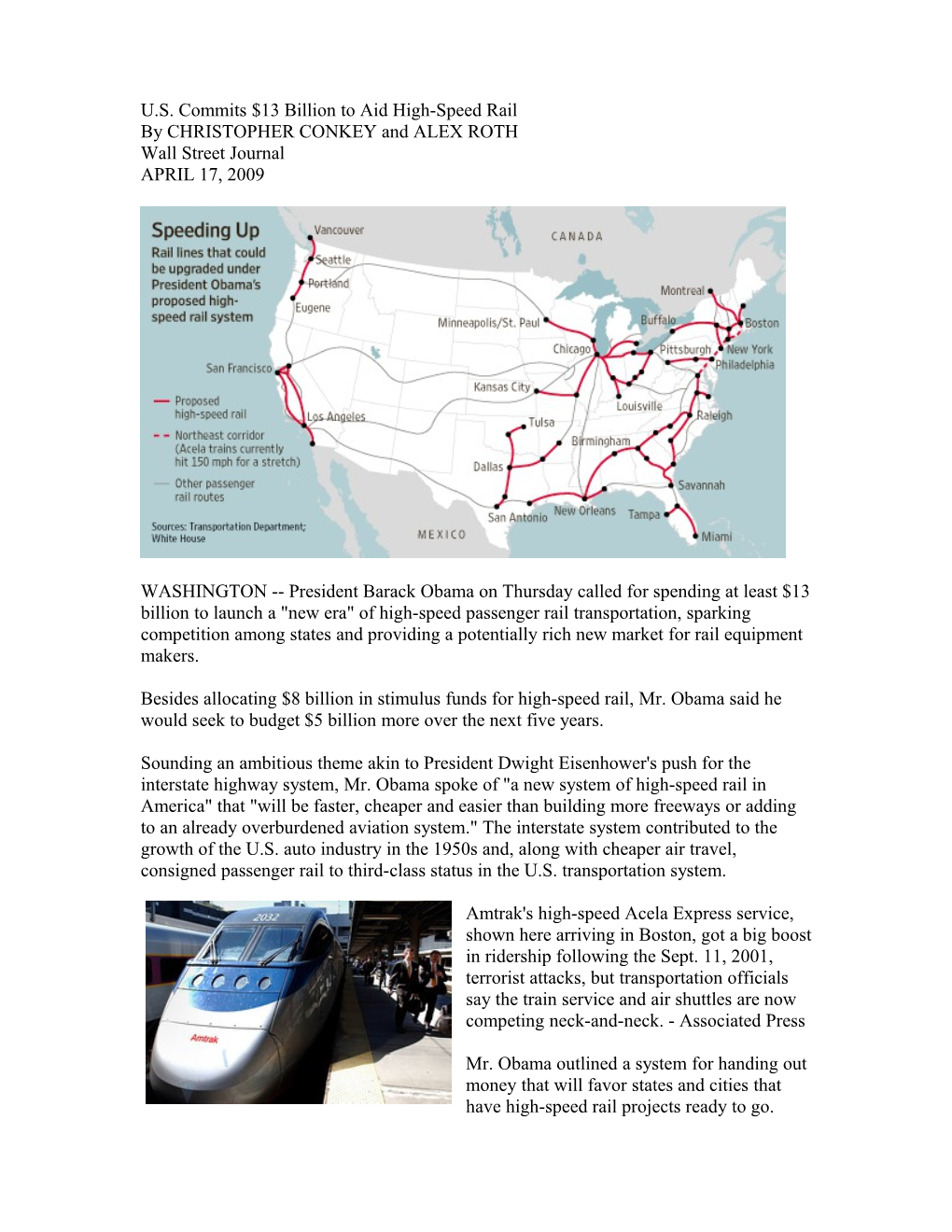U.S. Commits $13 Billion to Aid High-Speed Rail