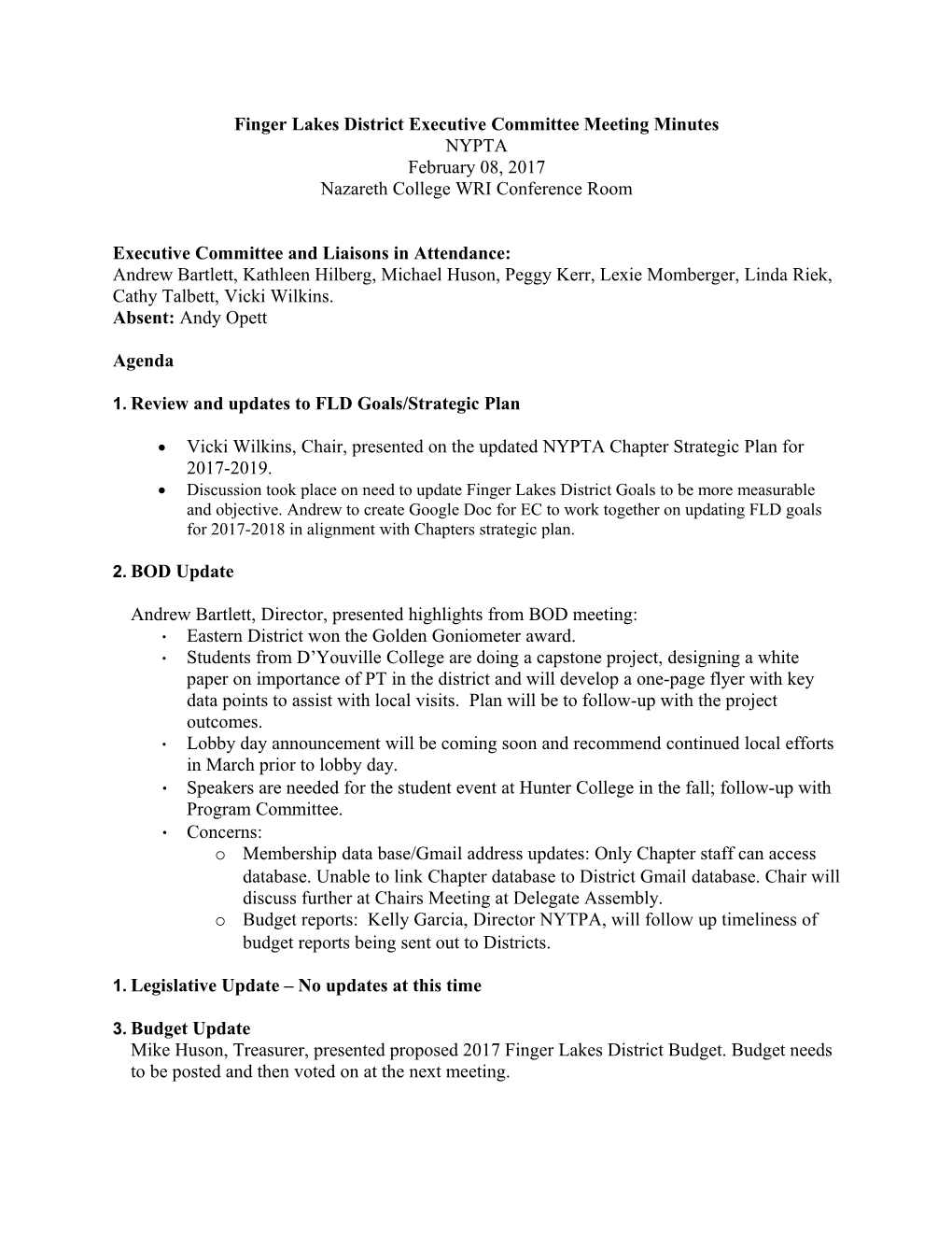 Finger Lakes District Executive Committee Meeting Minutes