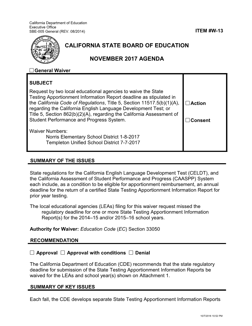 November 2017 Waiver Item W-13 - Meeting Agendas (CA State Board of Education)