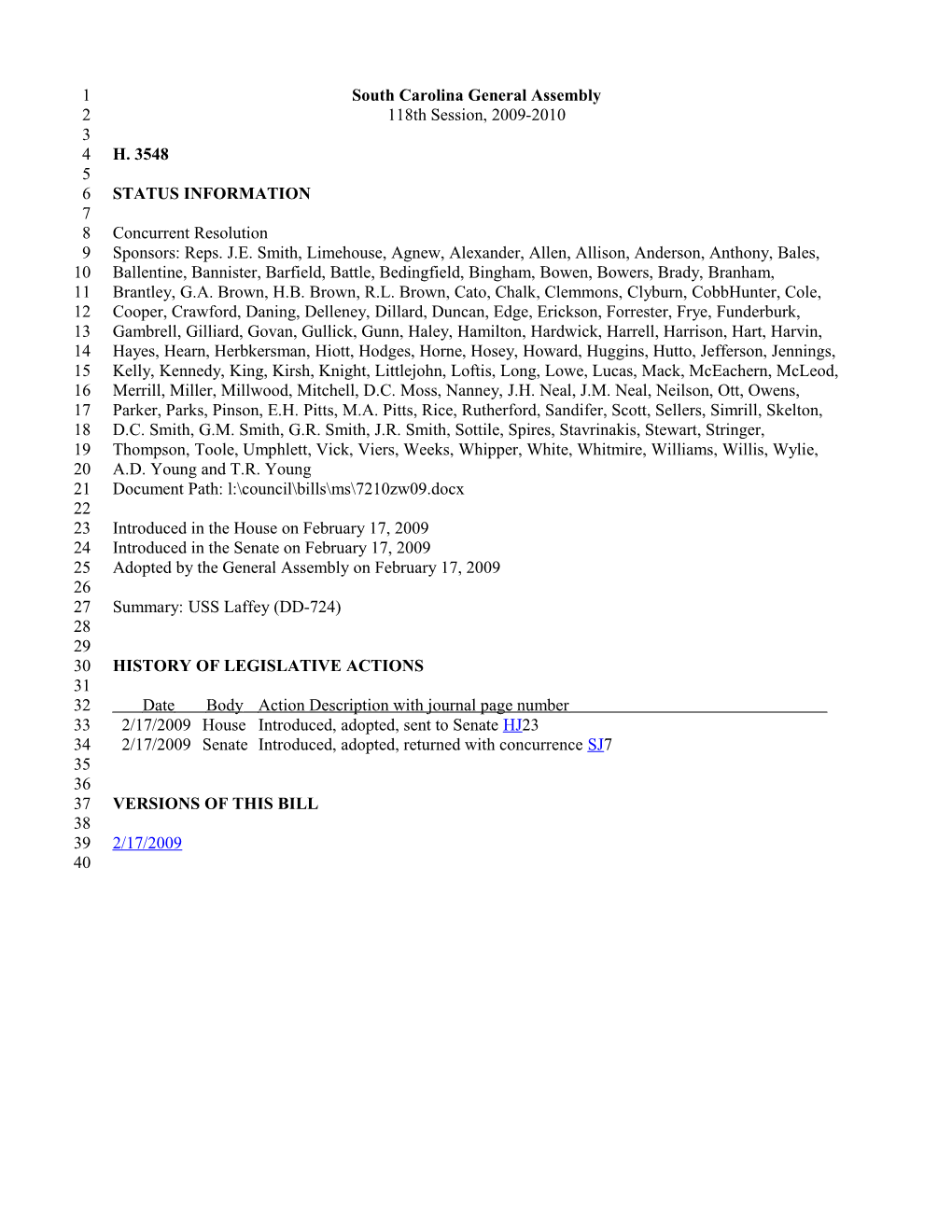 2009-2010 Bill 3548: USS Laffey (DD-724) - South Carolina Legislature Online