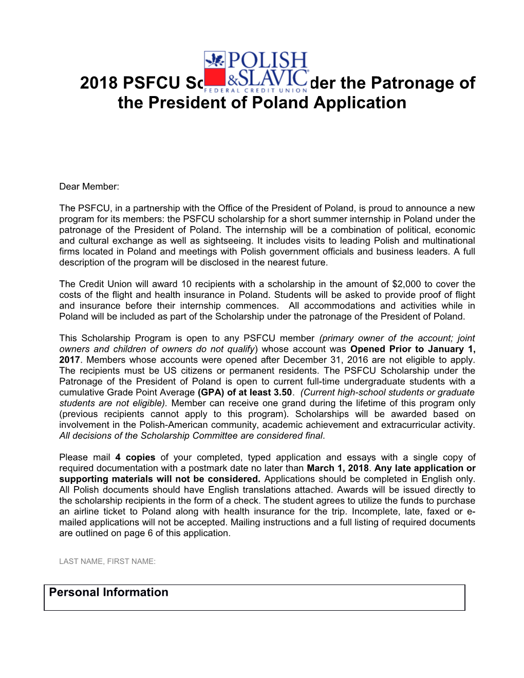 2018 Psfcuscholarship Under the Patronage of the President of Poland Application