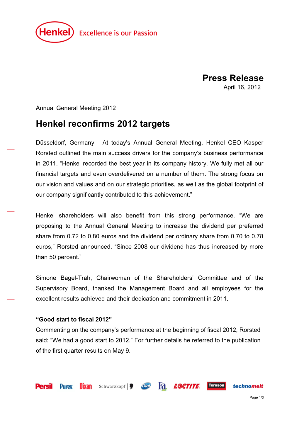 Henkel Reconfirms 2012 Targets