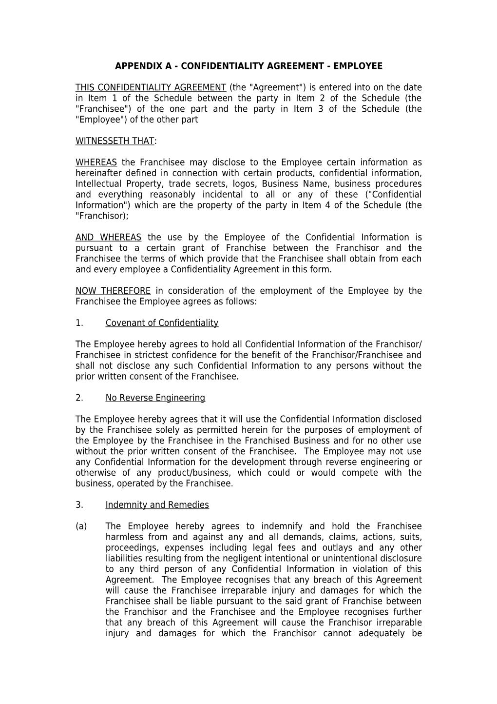 Appendix a - Confidentiality Agreement - Employee
