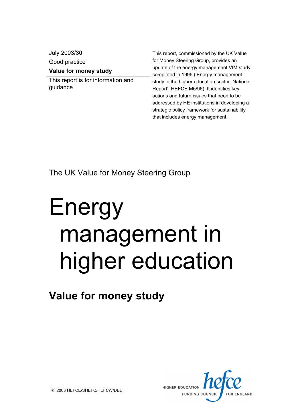 HEFCE 2003/30 - Energy Management in Higher Education