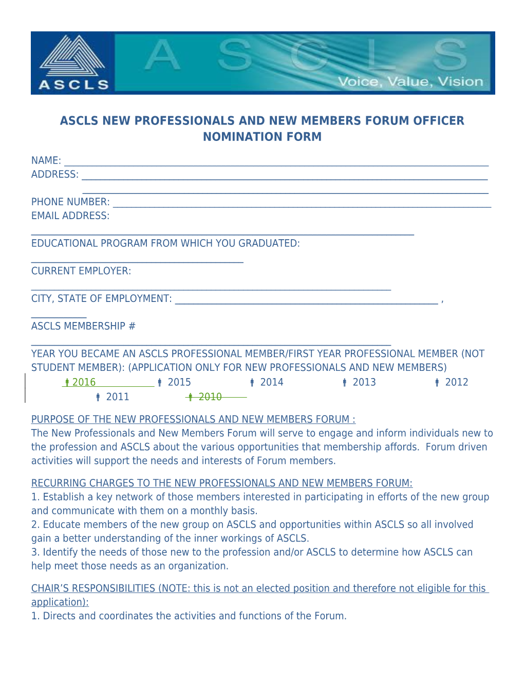 Ascls New Professionals and New Members Forum Officer Nomination Form