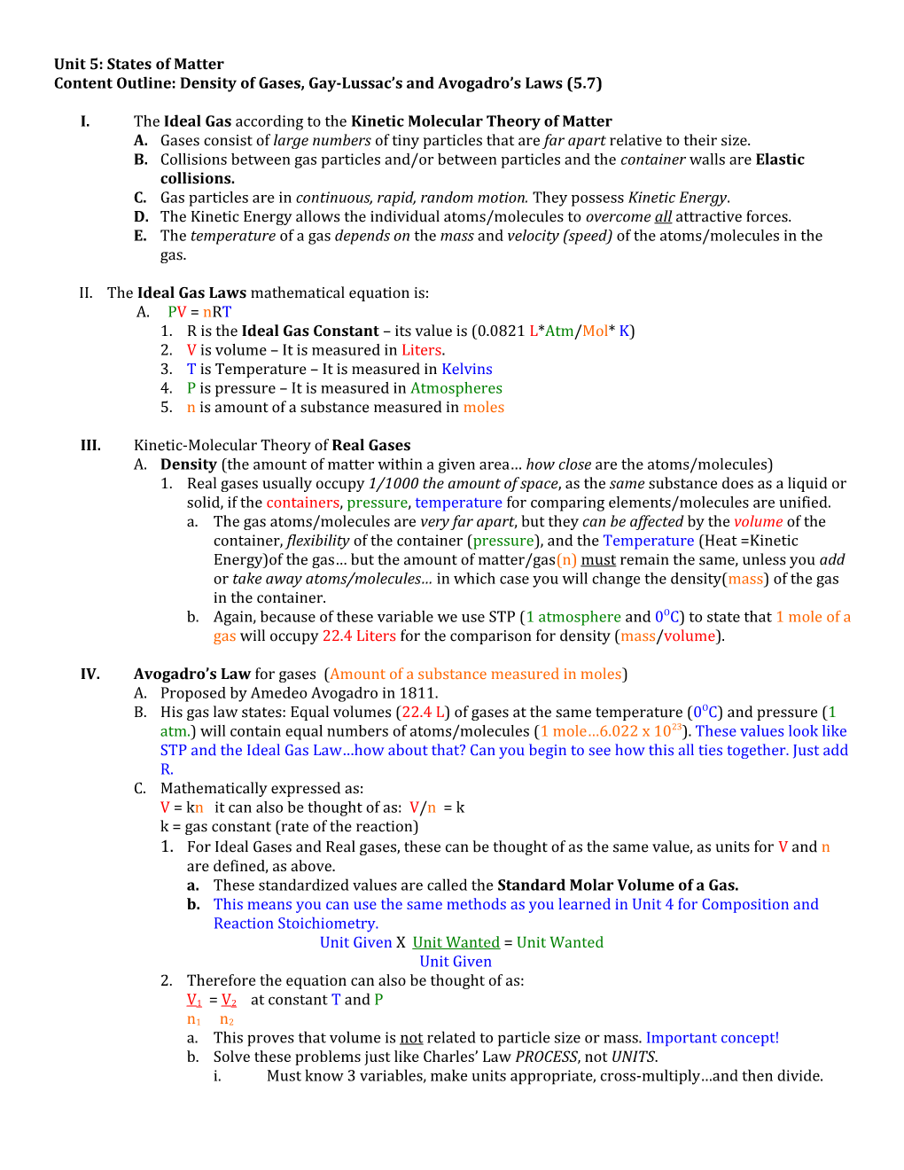 Content Outline: Density of Gases, Gay-Lussac S and Avogadro S Laws (5.7)