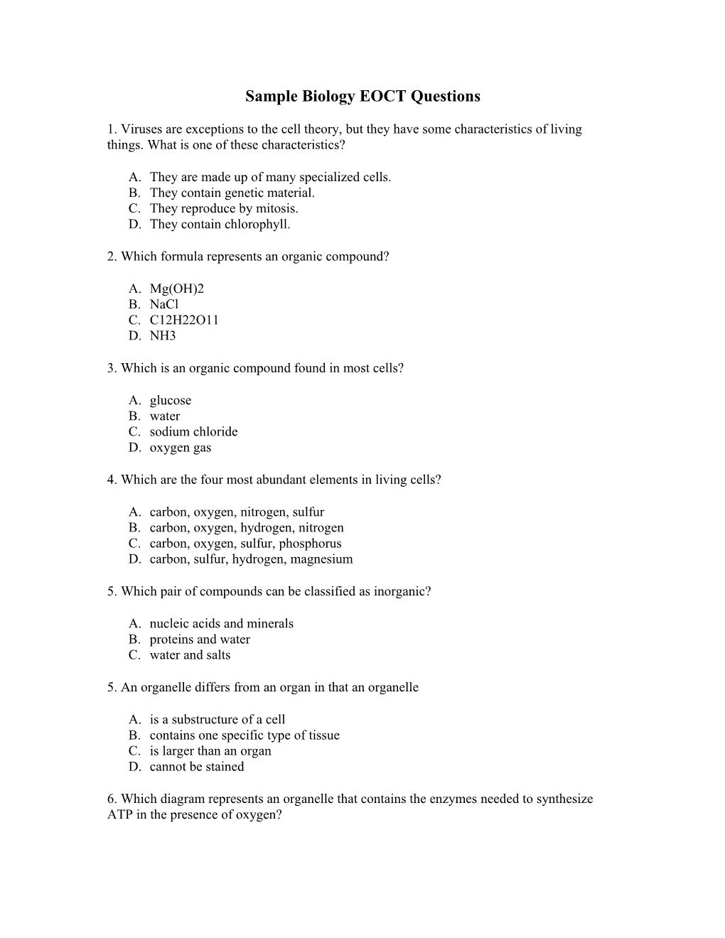 Sample Biology EOCT Questions