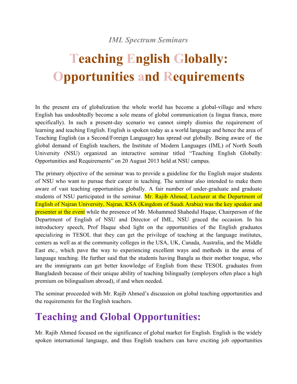 Teaching English Globally: Opportunities and Requirements