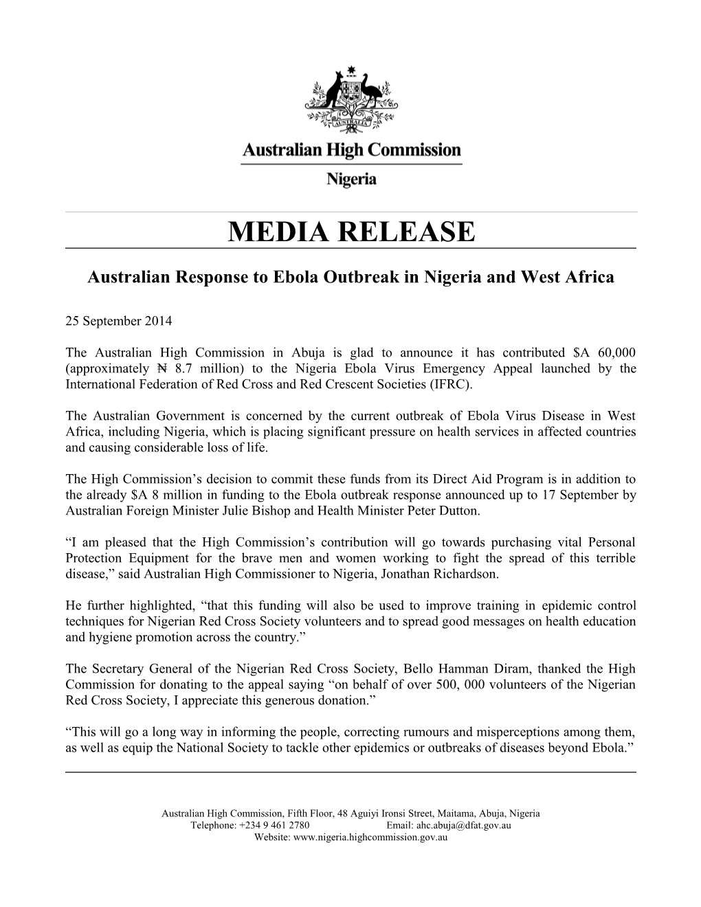 Australian Response to Ebola Outbreak in Nigeria and West Africa
