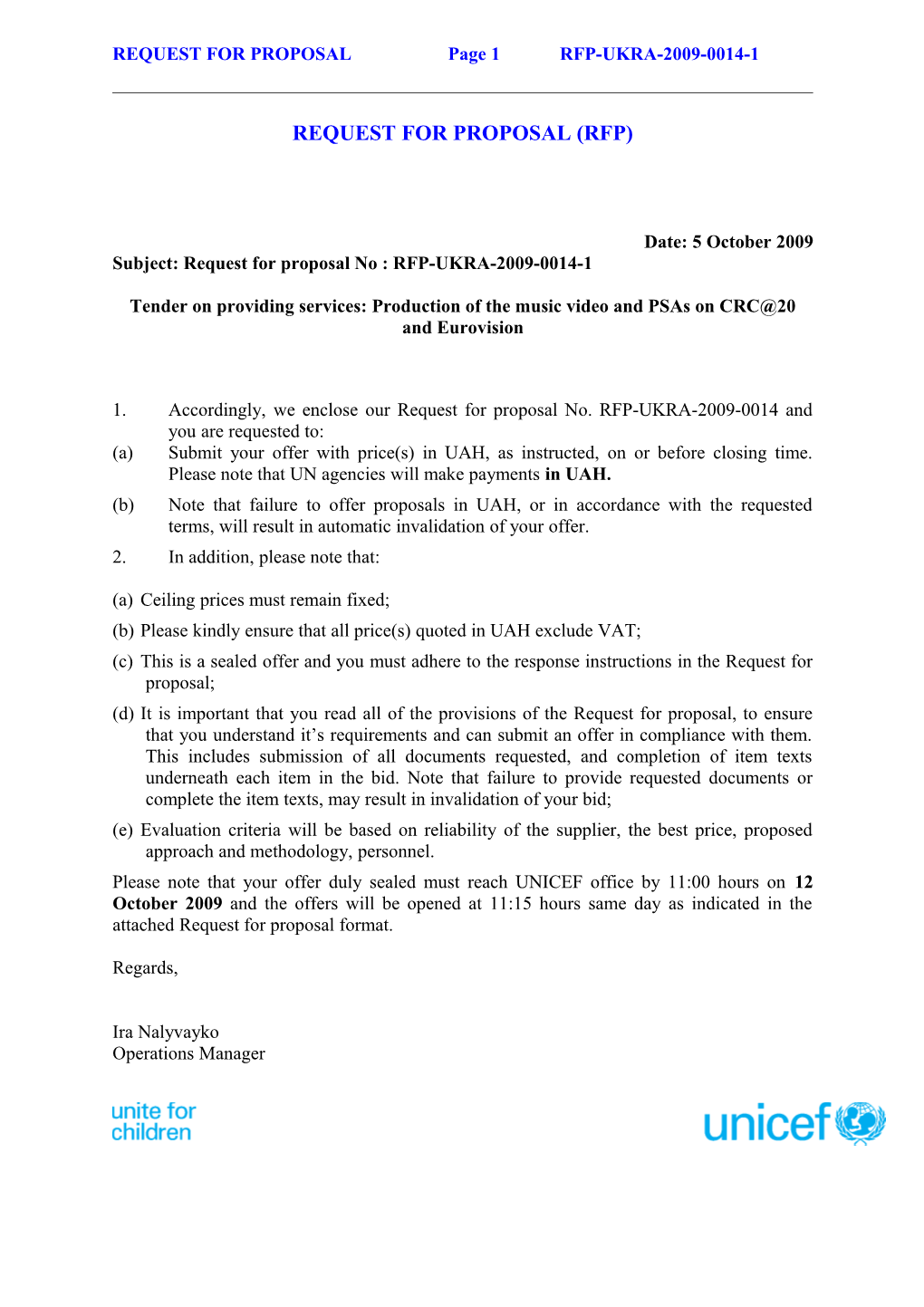 REQUEST for Proposalpage 1 RFP-UKRA-2009-0014-1