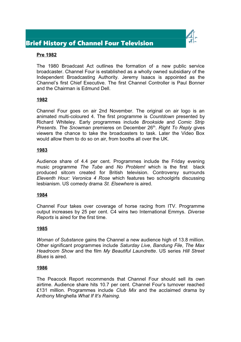 Brief History of Channel Four Televison Coporation