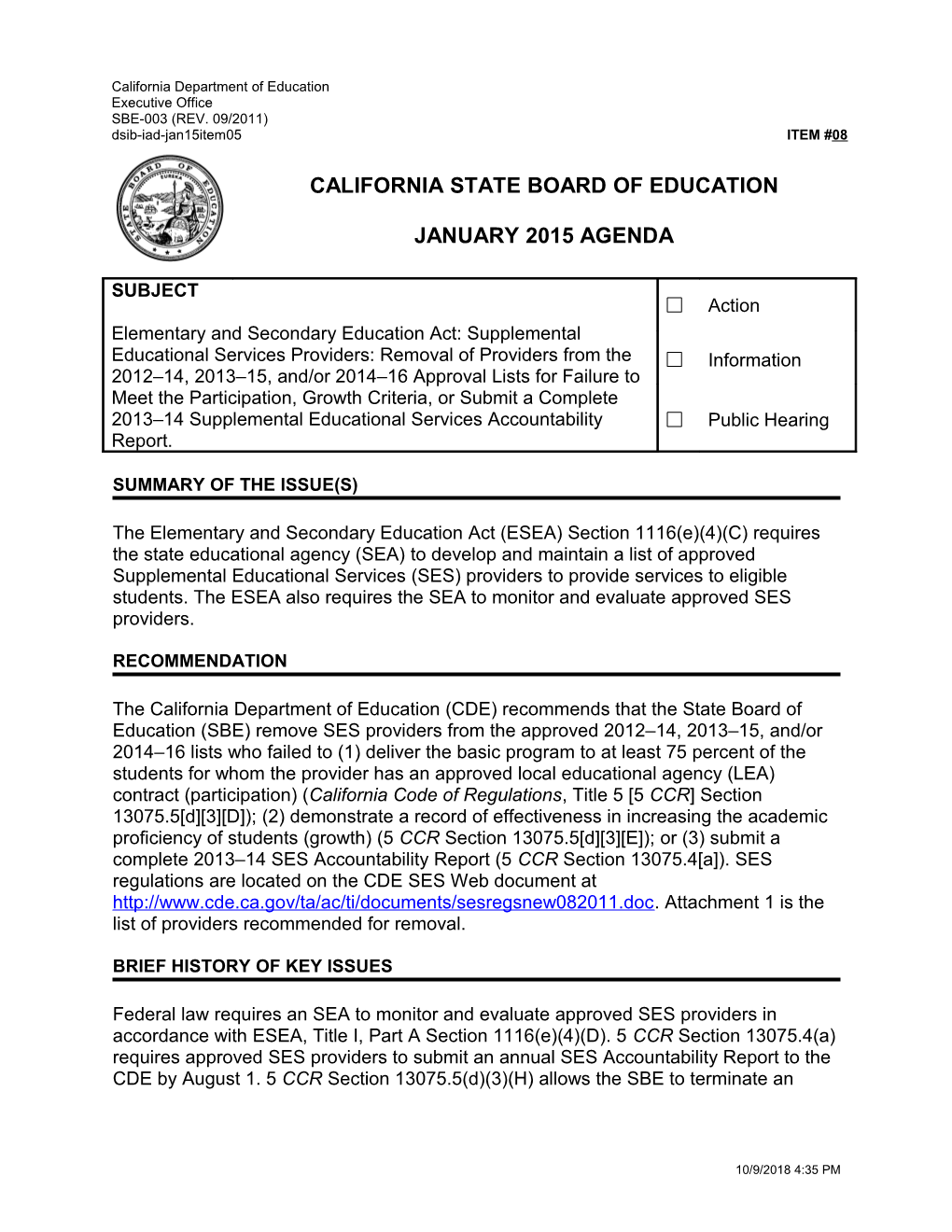 January 2015 Agenda Item 08 - Meeting Agendas (CA State Board of Education)