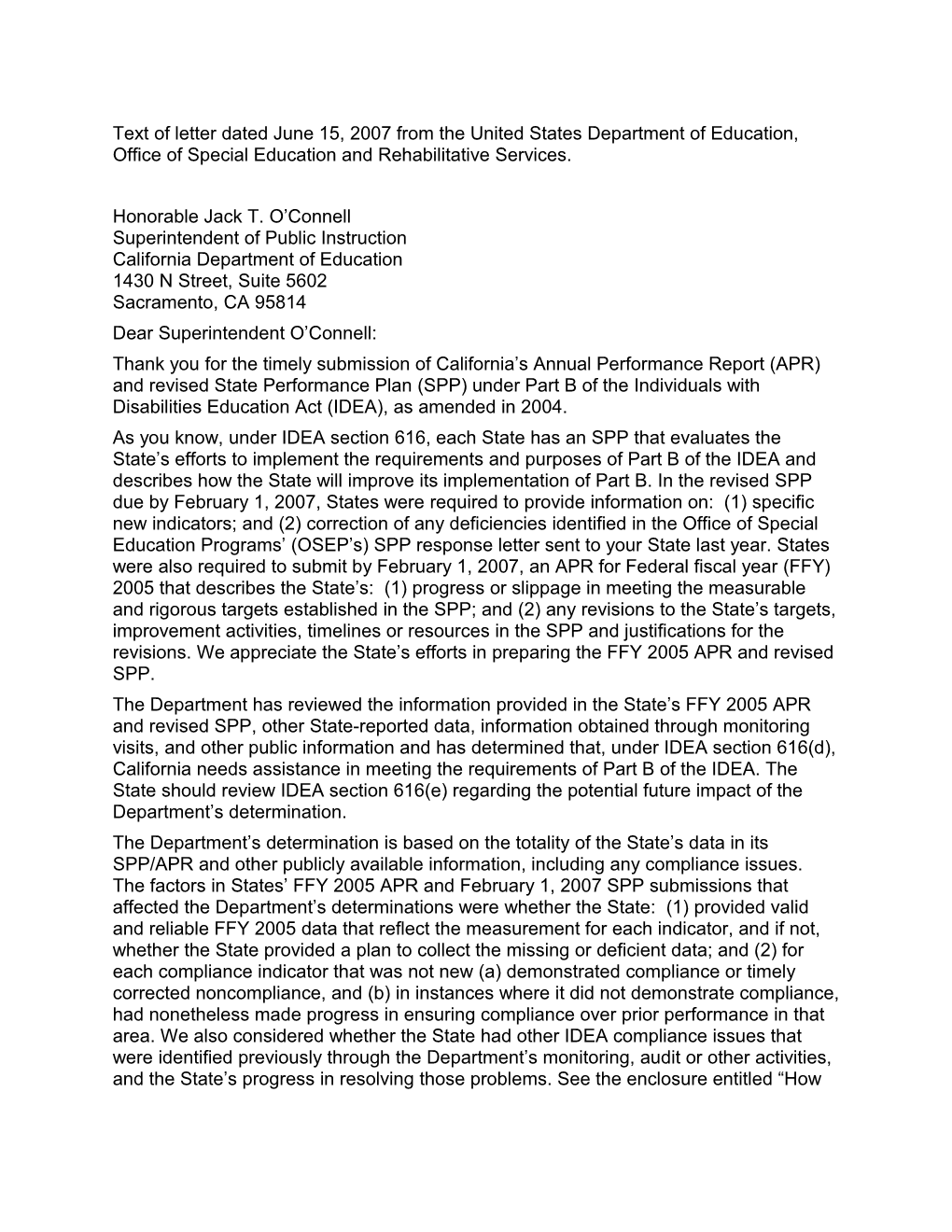 APR Response Letter - Quality Assurance Process (CA Dept of Education)