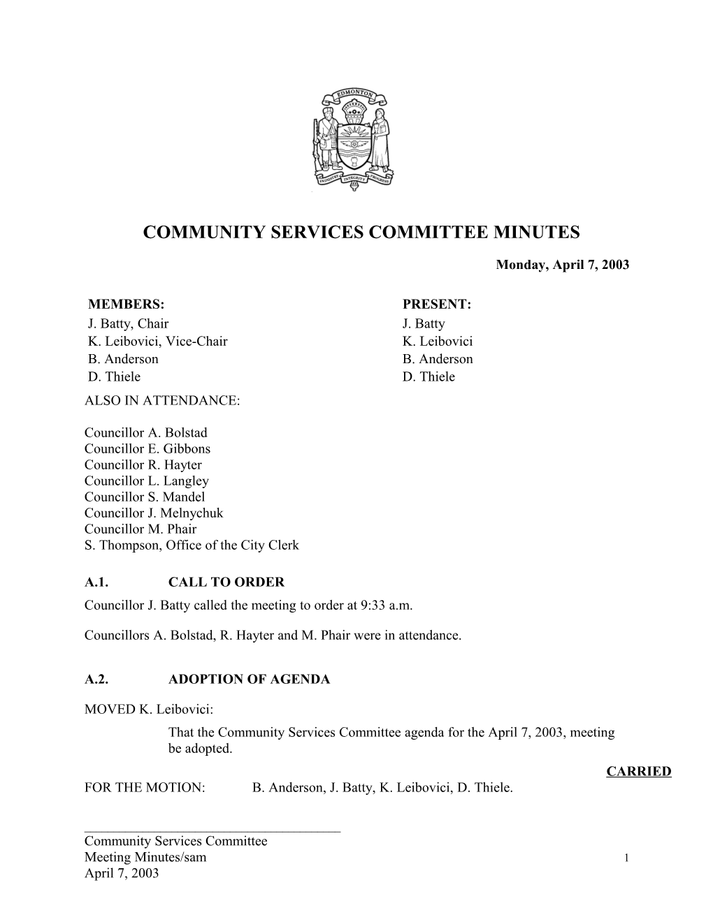 Minutes for Community Services Committee April 7, 2003 Meeting