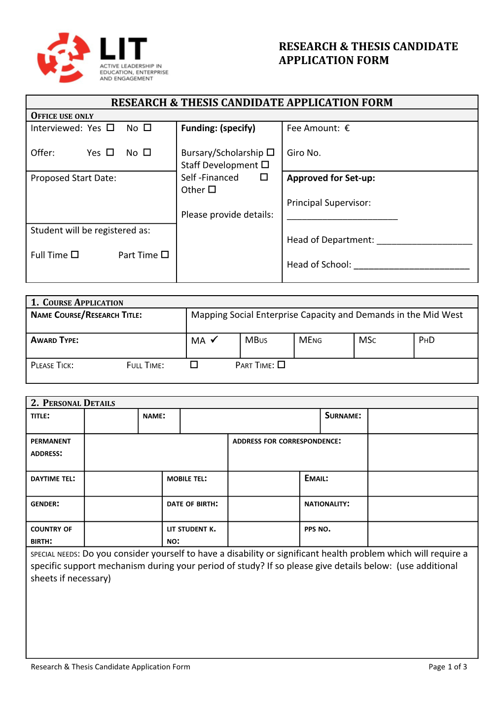 Candidate Application Form Social Enterprise