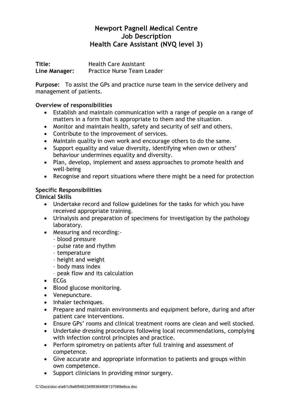 Job Description for a Senior Health Care Assistant (NVQ Level 3 Or Equivalent)