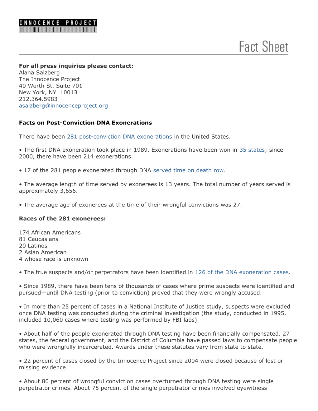 Facts on Post-Conviction DNA Exonerations Print Version