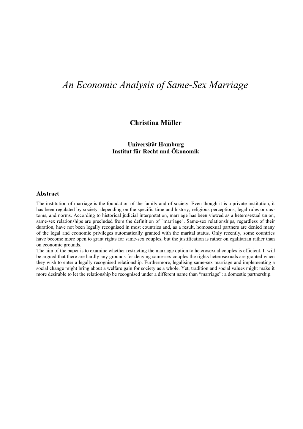 Economic Analysis of Same Sex Marriage