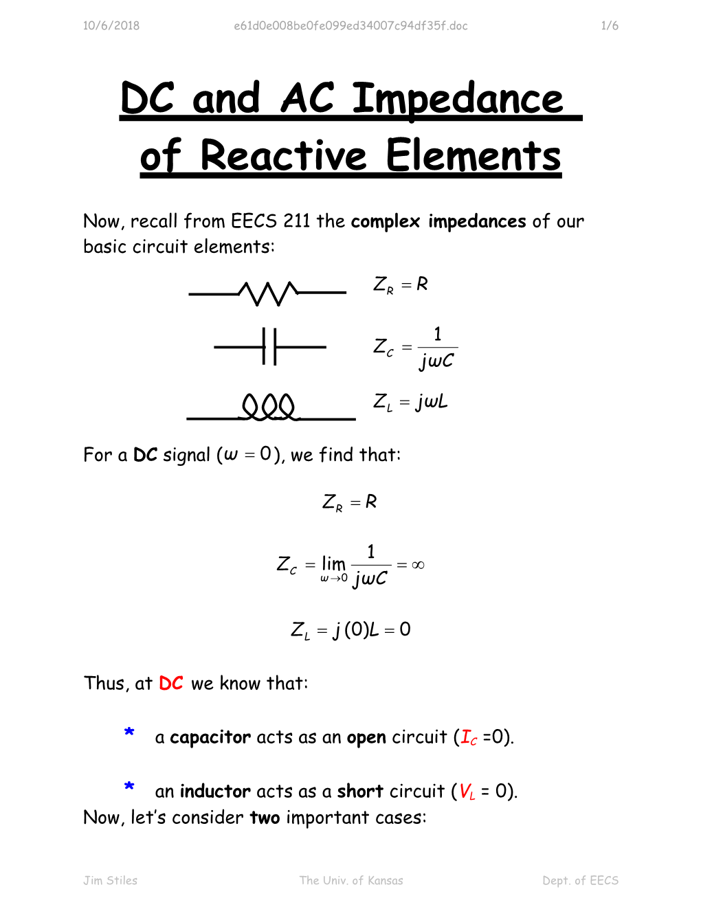 DC and AC Impedence of Reactive Elements