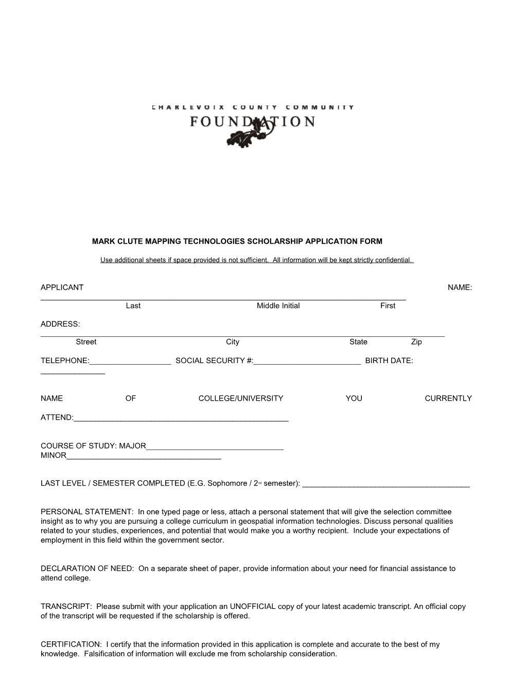 Mark Clute Mapping Technologies Scholarship Application Form