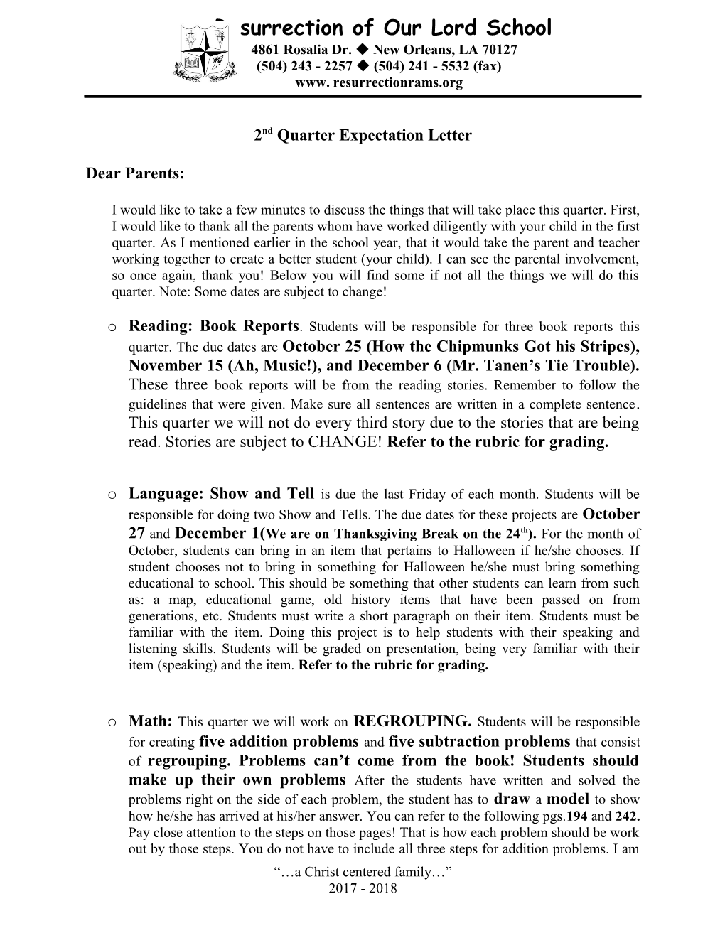 2Nd Quarter Expectation Letter