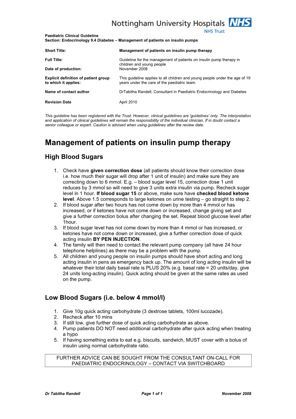 Section: Endocrinology 9.4 Diabetes Management of Patients on Insulin Pumps