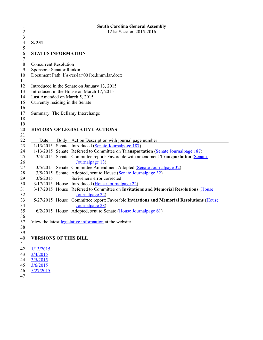 2015-2016 Bill 331: the Bellamy Interchange - South Carolina Legislature Online