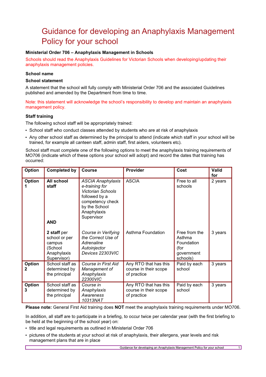 Guidance - School Anaphylaxis Policy