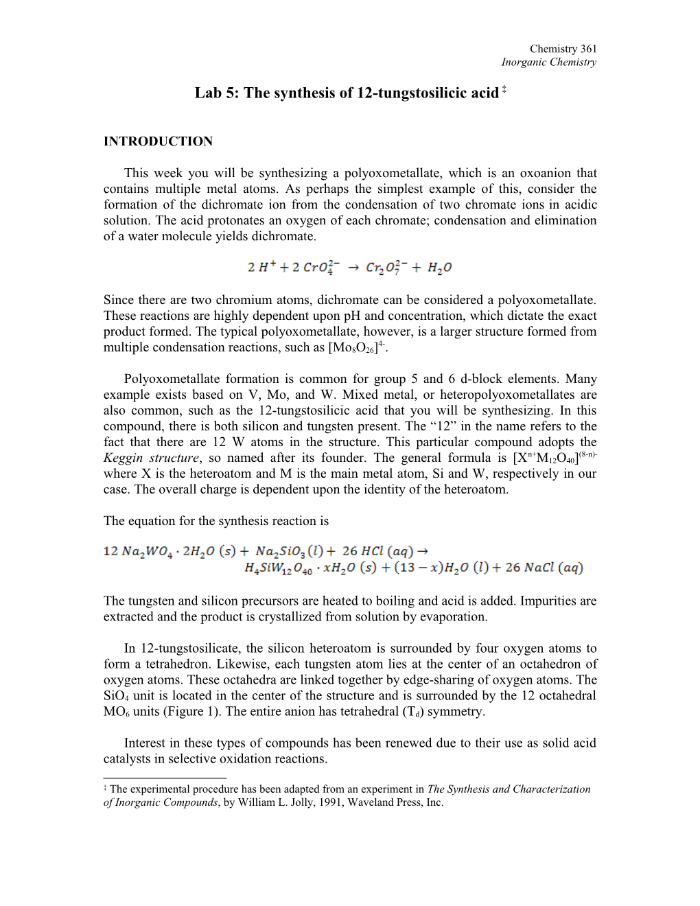 Lab 5:The Synthesis of 12-Tungstosilicic Acid