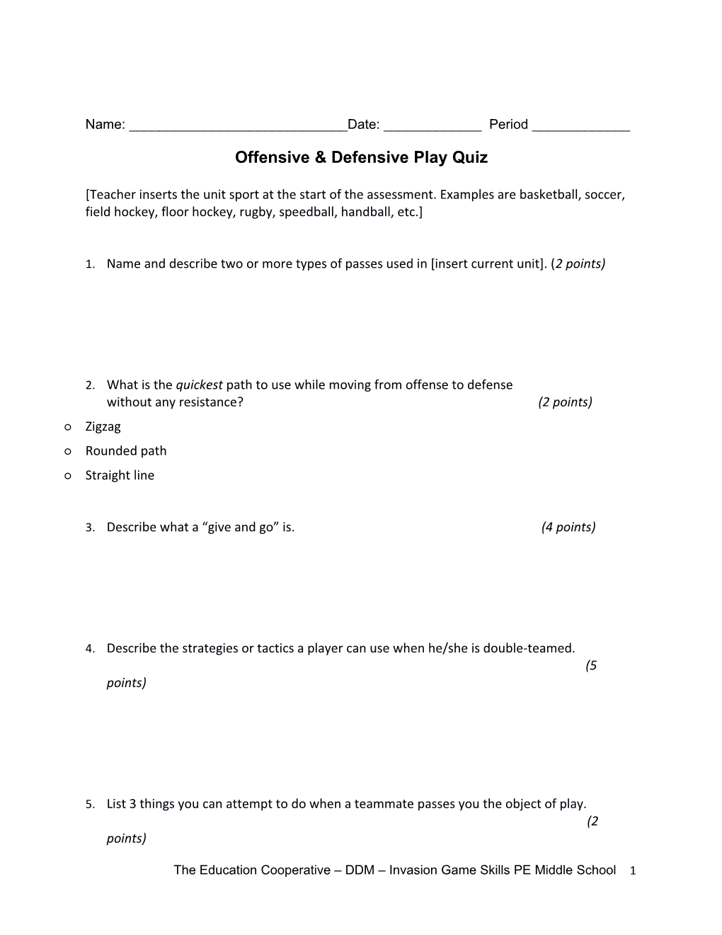 Example Common Measure: Assessment Invasion Game Skills for Middle School