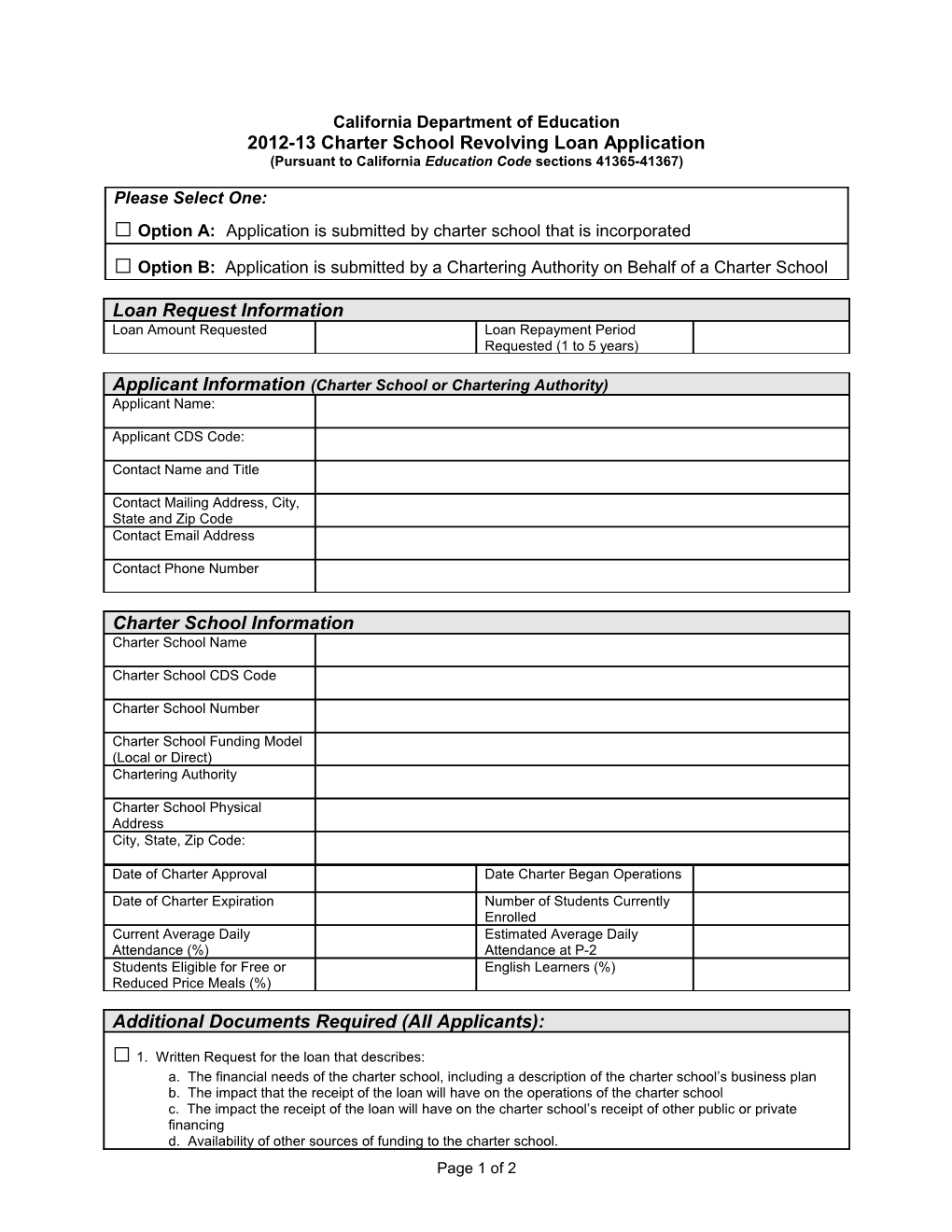 RFA-12: Charter Schools Revolving Loan Fund (CA Dept of Education)