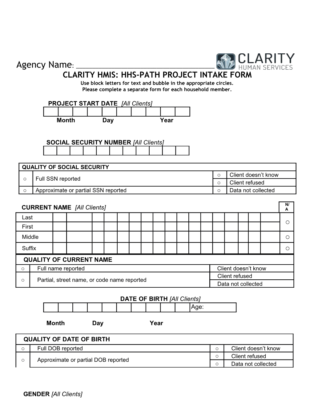 Clarity Hmis: Hhs-Path Project Intake Form