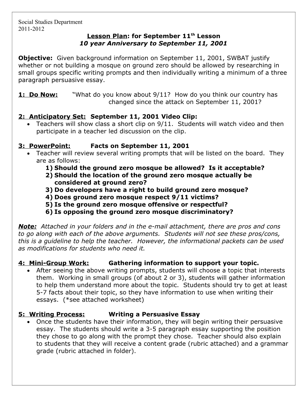 Lesson Plan: for September 11Th Lesson