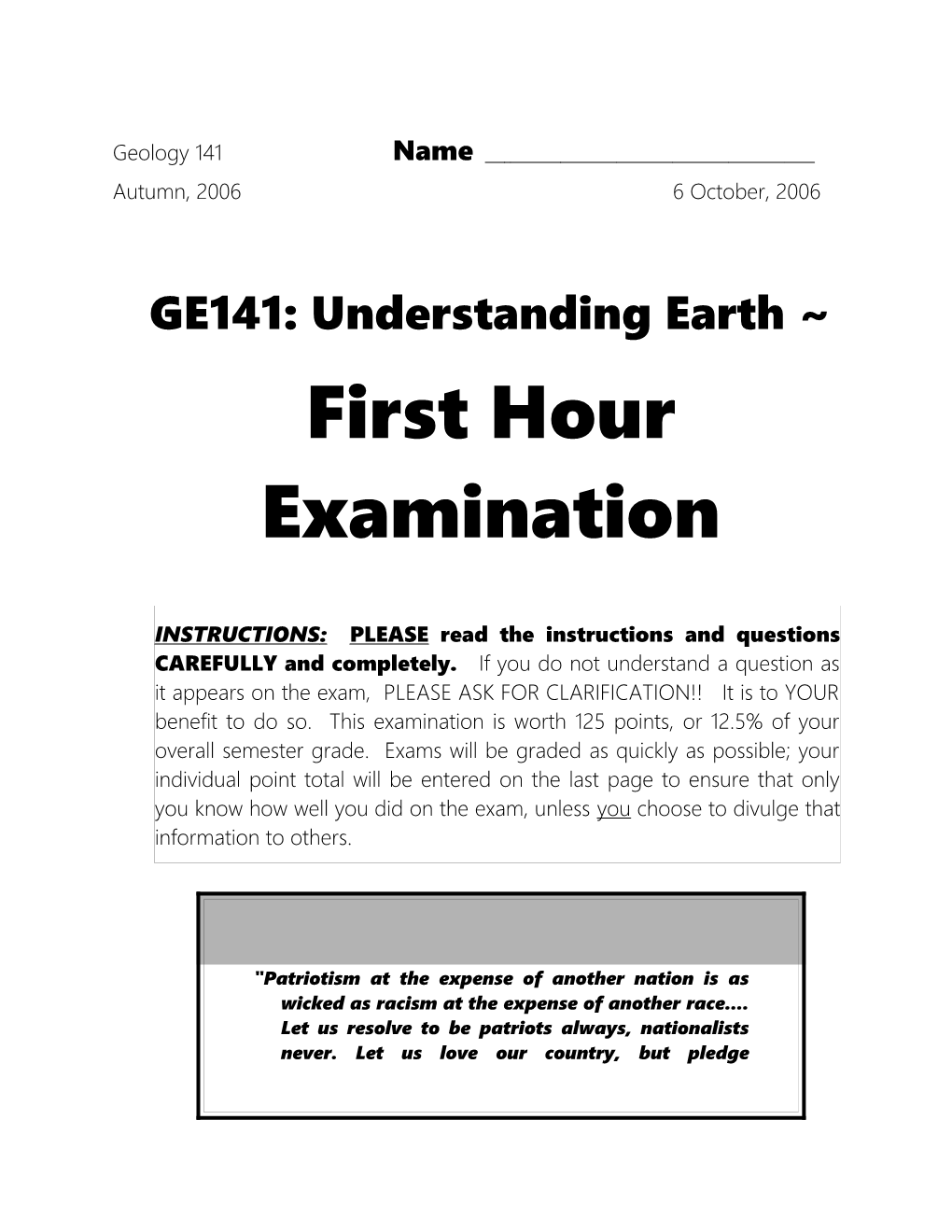 Geology 141: Fall, 2006First Hour Examination Page 1