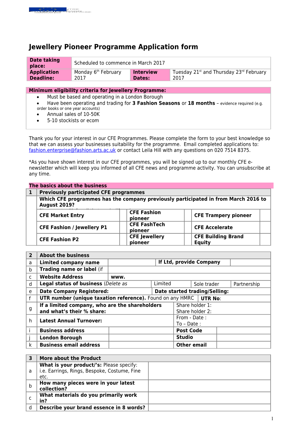 Jewellery Pioneer Programme Application Form