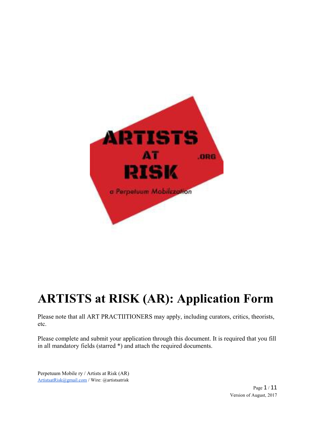 ARTISTS at RISK (AR): Application Form 1